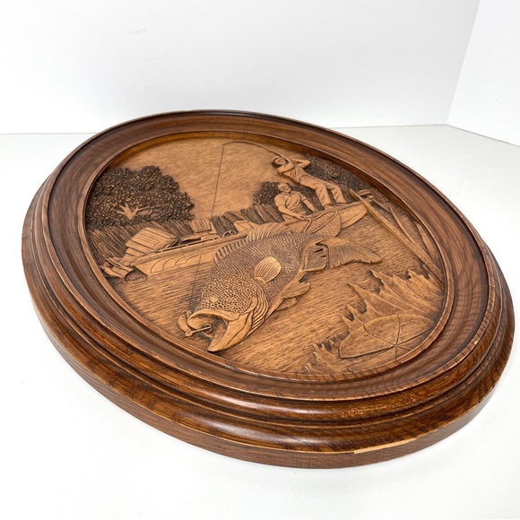 Kim Murray Wood Carving Fishing Scene Wall Plaque 3D - Picture 5 of 12